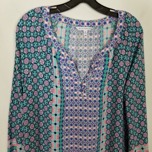Southern Tide Womens Geo Flowy Tunic Dress Sz M Blue Pink Cruise Wear Summer - Picture 2 of 8